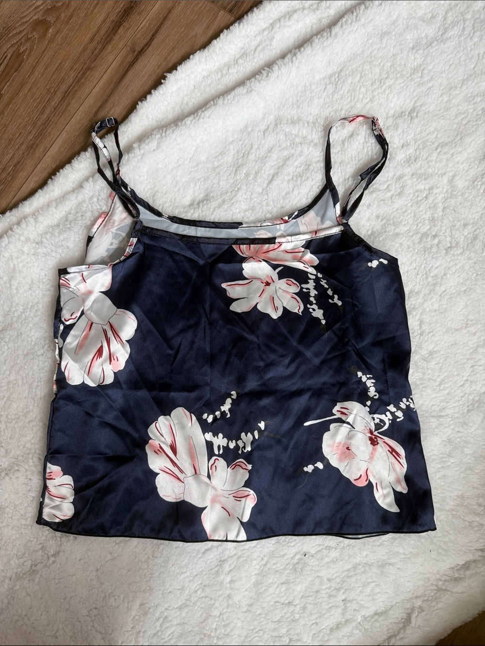 Floral Satin Cami Tank Top - Navy/White